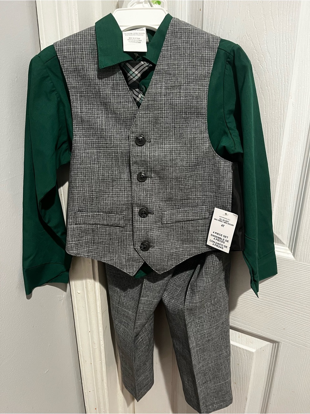 Van Heusen Gray Plaid Vest & Pants with Green Shirt